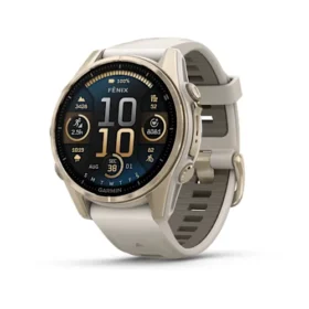 fēnix® 8 – 43 mm, AMOLED Sapphire, Soft Gold with Fog Gray/Dark Sandstone Silicone Band