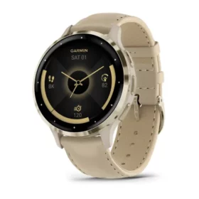 Venu® 3S Soft gold stainless steel bezel with French grey case and leather band